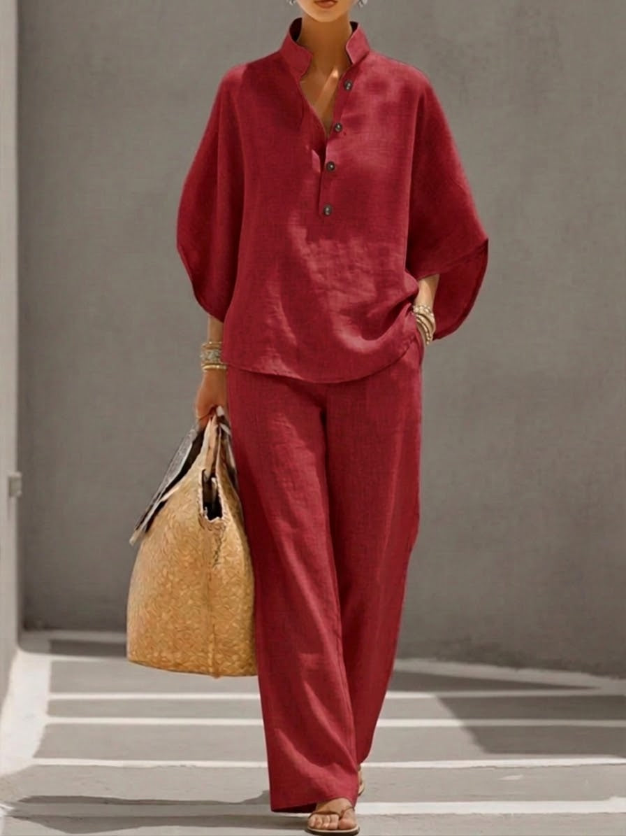 Tessa | Linen Set with Batwing Sleeves and Wide Pants