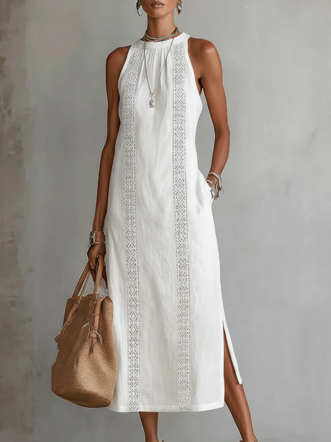 Livia - Midi Linen Dress with Mao Collar