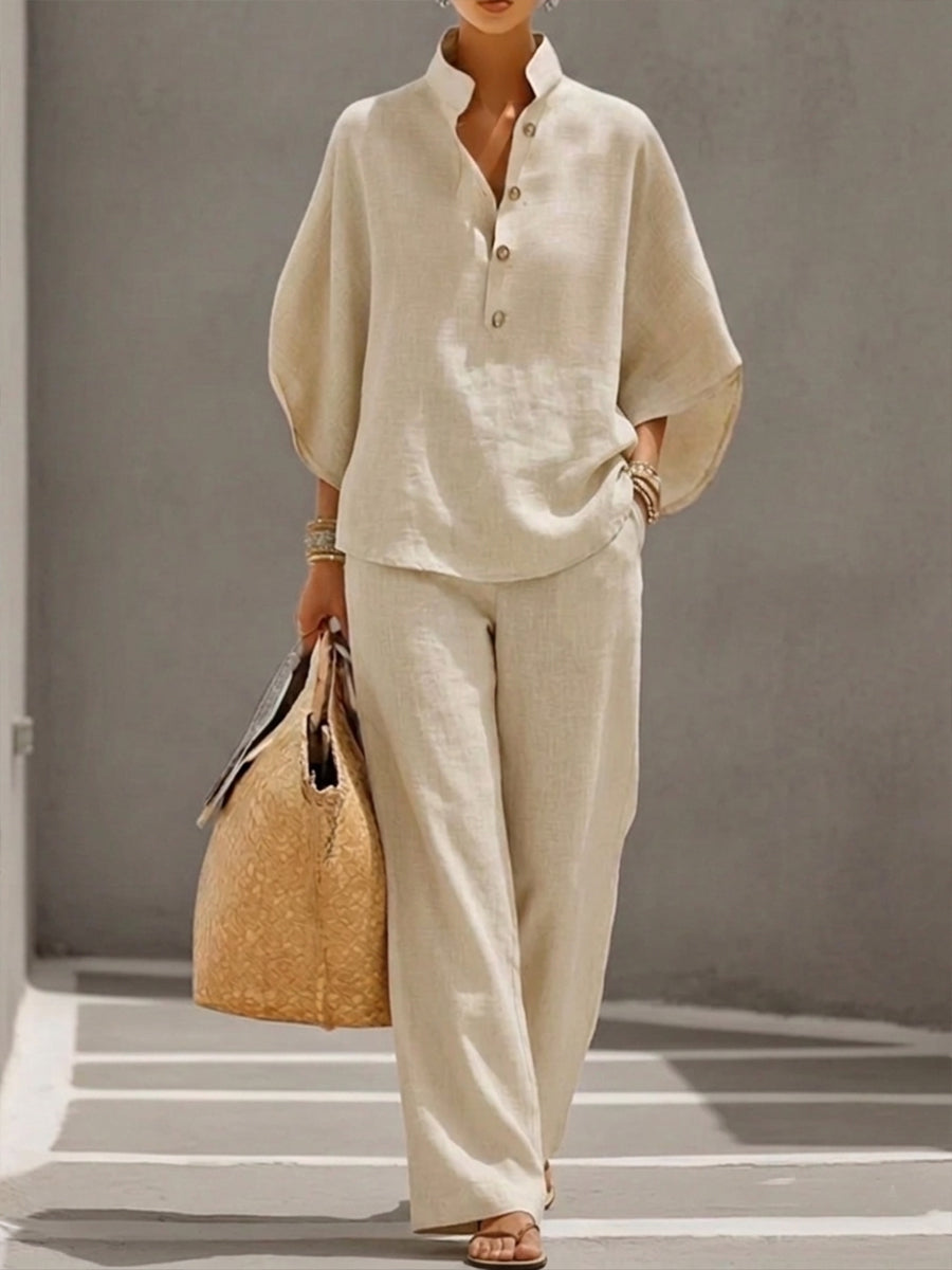Tessa | Linen Set with Batwing Sleeves and Wide Pants