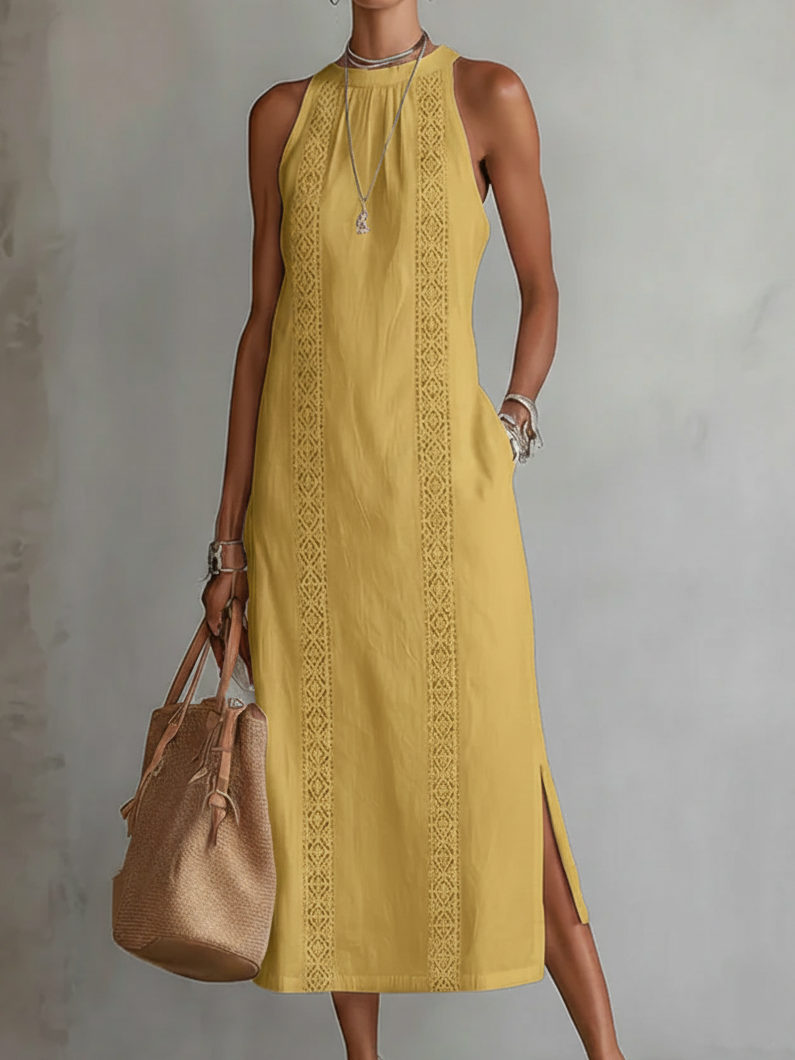 Livia - Midi Linen Dress with Mao Collar