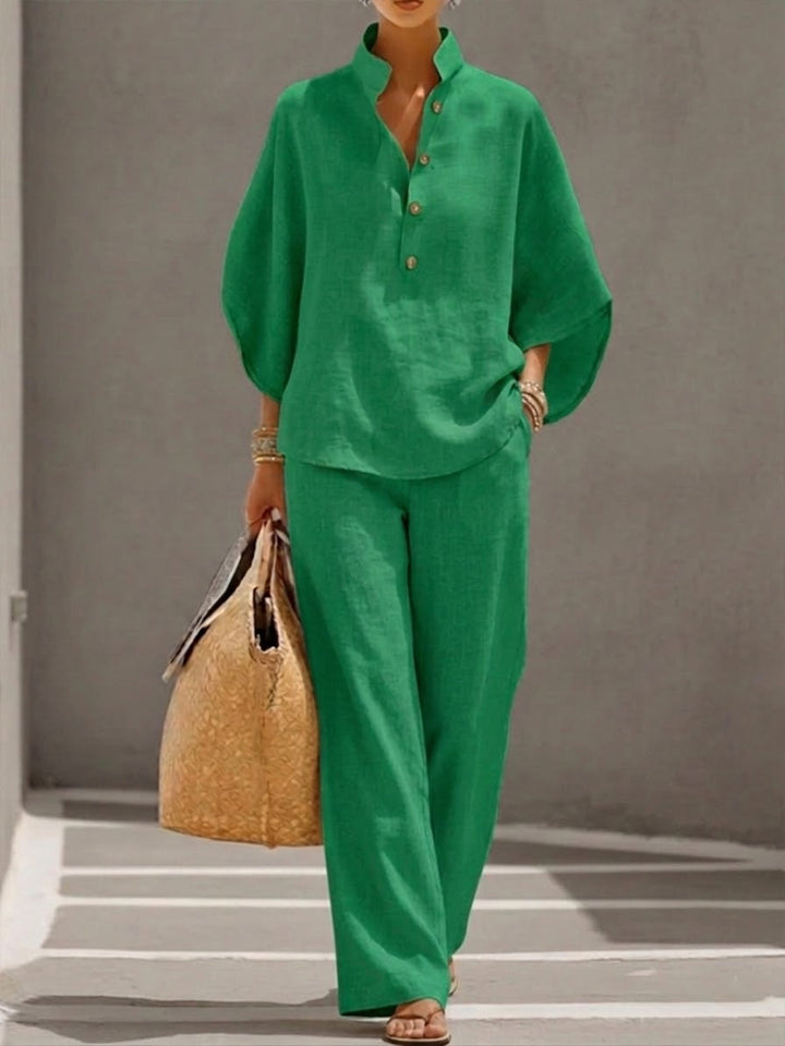 Tessa | Linen Set with Batwing Sleeves and Wide Pants